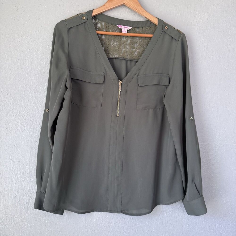Candie's Blouse Long Convertible Sleeves Green Lace Detail Back Size L Feminine